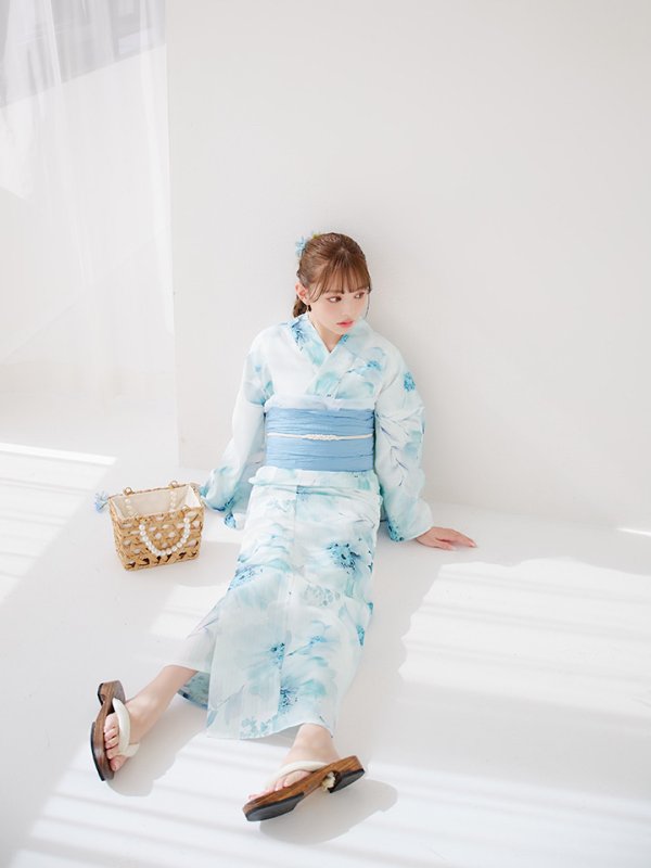 画像15: 【即日発送】ブルーグレイニュアンスフラワー浴衣  【浴衣３点セット 浴衣/帯/下駄】[YMT] (15)