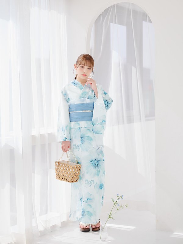 画像21: 【即日発送】ブルーグレイニュアンスフラワー浴衣  【浴衣３点セット 浴衣/帯/下駄】[YMT] (21)