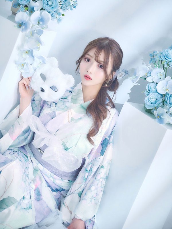 画像1: 【即日発送】シャーベット水彩紫陽花浴衣【浴衣３点セット 浴衣/帯/下駄】[OF04] (1)