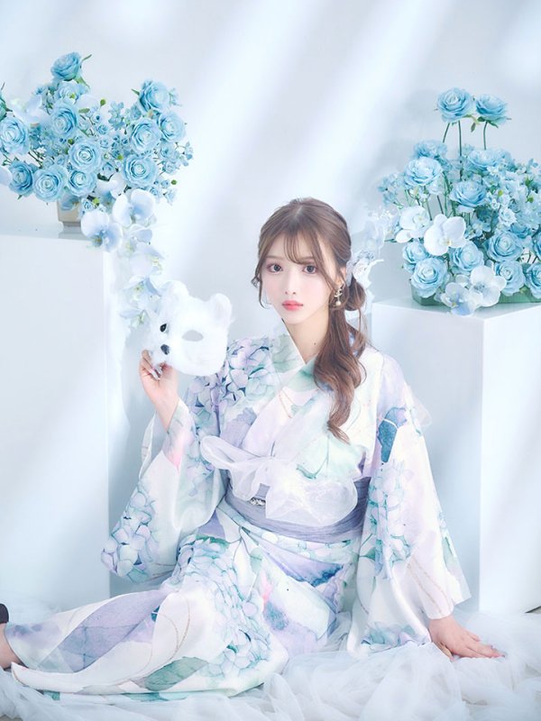 画像2: 【即日発送】シャーベット水彩紫陽花浴衣【浴衣３点セット 浴衣/帯/下駄】[OF04] (2)