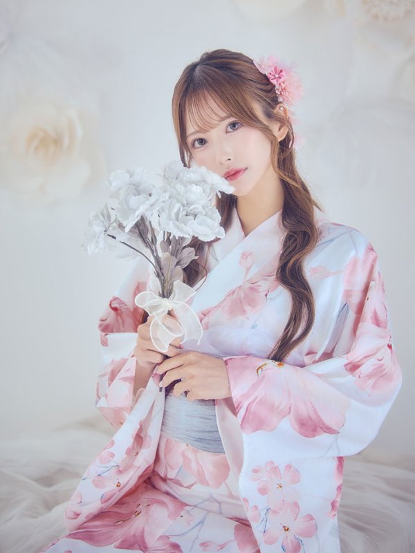 画像3: 【即日発送】ニュアンスピンク水彩朝顔浴衣 【浴衣3点セット 浴衣/帯/下駄】[OF04] (3)