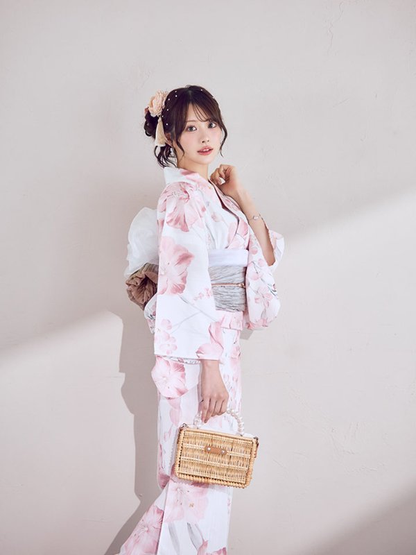 画像7: ニュアンスピンク水彩朝顔浴衣 【浴衣3点セット 浴衣/帯/下駄】[OF04] (7)