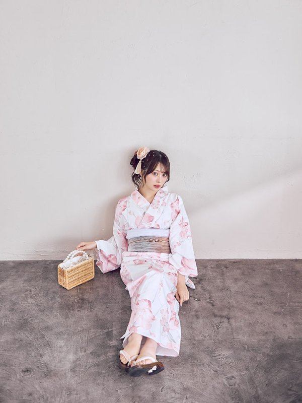 画像8: ニュアンスピンク水彩朝顔浴衣 【浴衣3点セット 浴衣/帯/下駄】[OF04] (8)