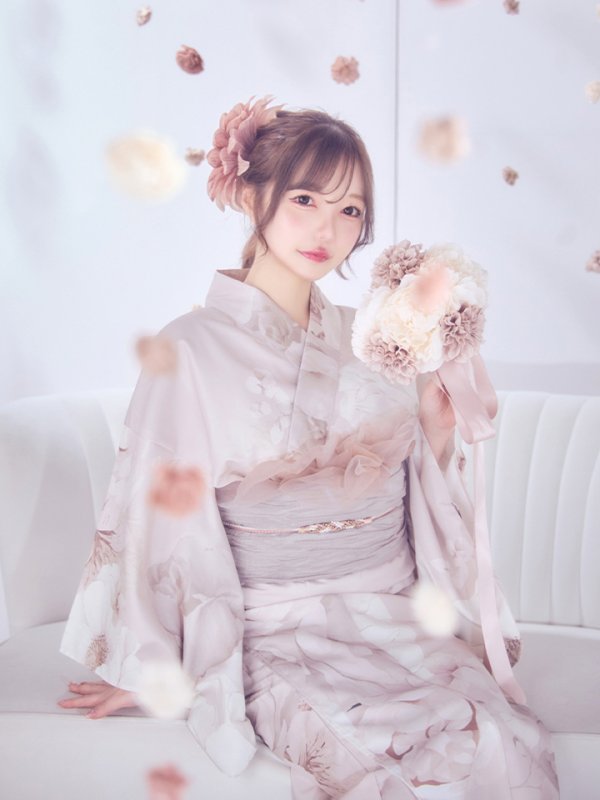 画像1: 【即日発送】ベージュフラワー浴衣【浴衣３点セット 浴衣/帯/下駄】[OF04] (1)