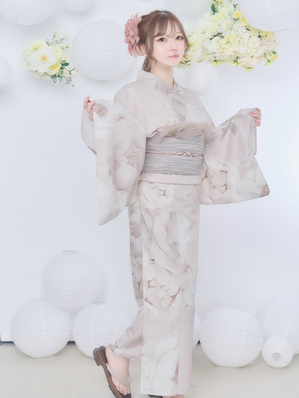 画像2: 【即日発送】ベージュフラワー浴衣【浴衣３点セット 浴衣/帯/下駄】[OF04] (2)