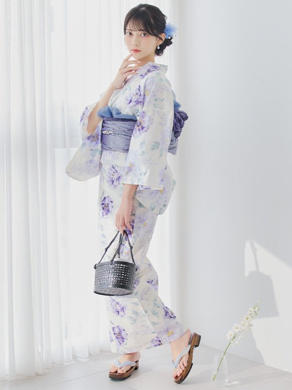 画像11: 【即日発送】水彩紫牡丹柄浴衣  【浴衣３点セット 浴衣/帯/下駄】[YMT] (11)