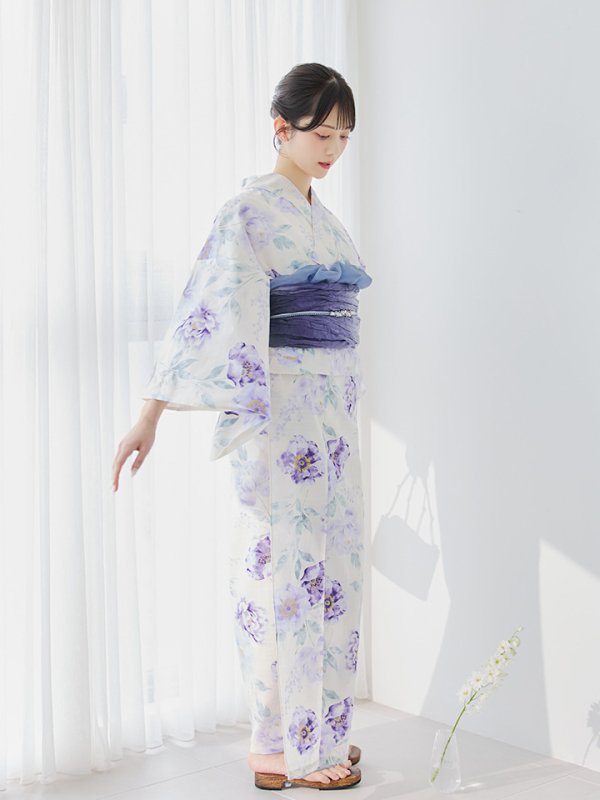 画像12: 【即日発送】水彩紫牡丹柄浴衣  【浴衣３点セット 浴衣/帯/下駄】[YMT] (12)