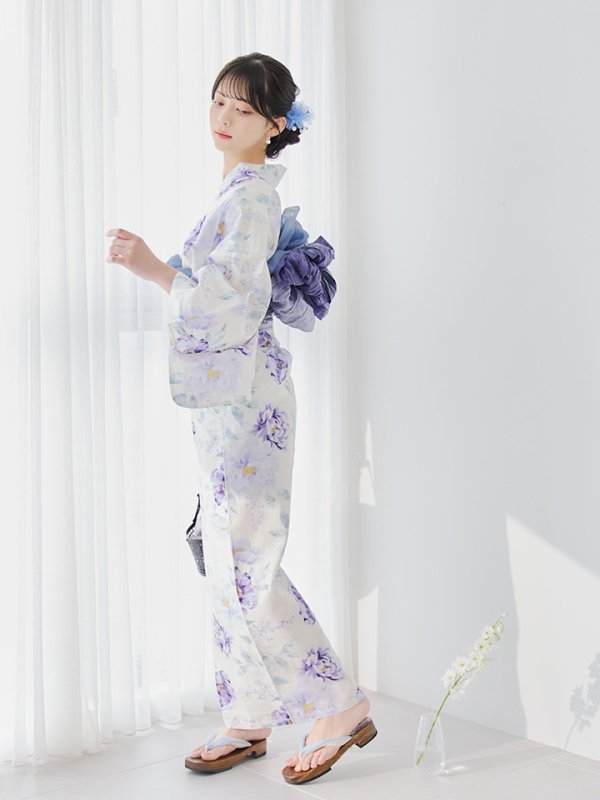 画像13: 【即日発送】水彩紫牡丹柄浴衣  【浴衣３点セット 浴衣/帯/下駄】[YMT] (13)