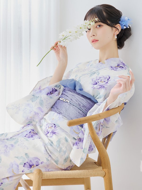 画像2: 【即日発送】水彩紫牡丹柄浴衣  【浴衣３点セット 浴衣/帯/下駄】[YMT] (2)