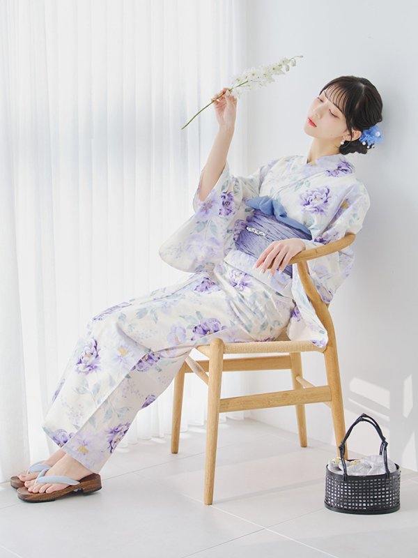 画像3: 【即日発送】水彩紫牡丹柄浴衣  【浴衣３点セット 浴衣/帯/下駄】[YMT] (3)