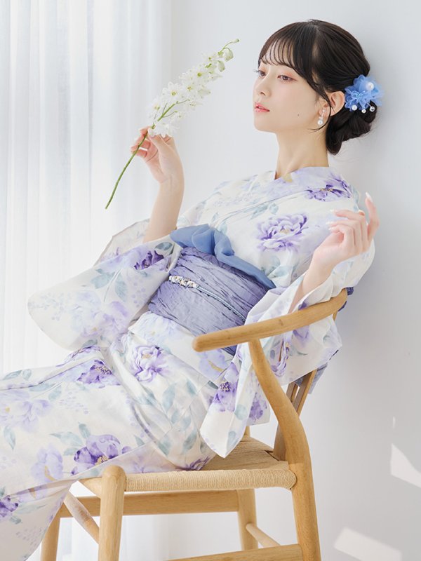 画像5: 【即日発送】水彩紫牡丹柄浴衣  【浴衣３点セット 浴衣/帯/下駄】[YMT] (5)