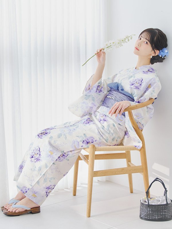 画像7: 【即日発送】水彩紫牡丹柄浴衣  【浴衣３点セット 浴衣/帯/下駄】[YMT] (7)