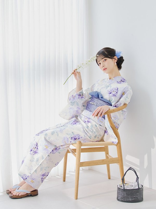 画像8: 【即日発送】水彩紫牡丹柄浴衣  【浴衣３点セット 浴衣/帯/下駄】[YMT] (8)