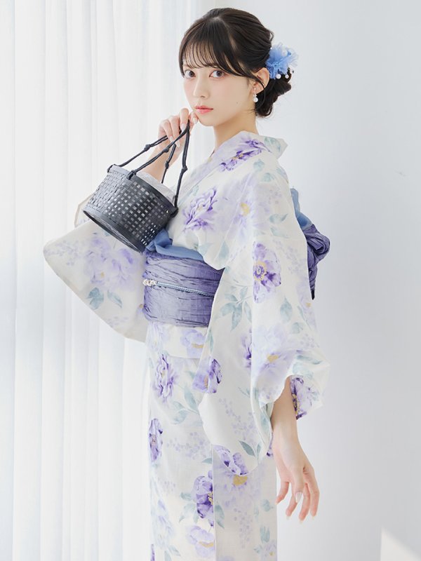 画像9: 【即日発送】水彩紫牡丹柄浴衣  【浴衣３点セット 浴衣/帯/下駄】[YMT] (9)