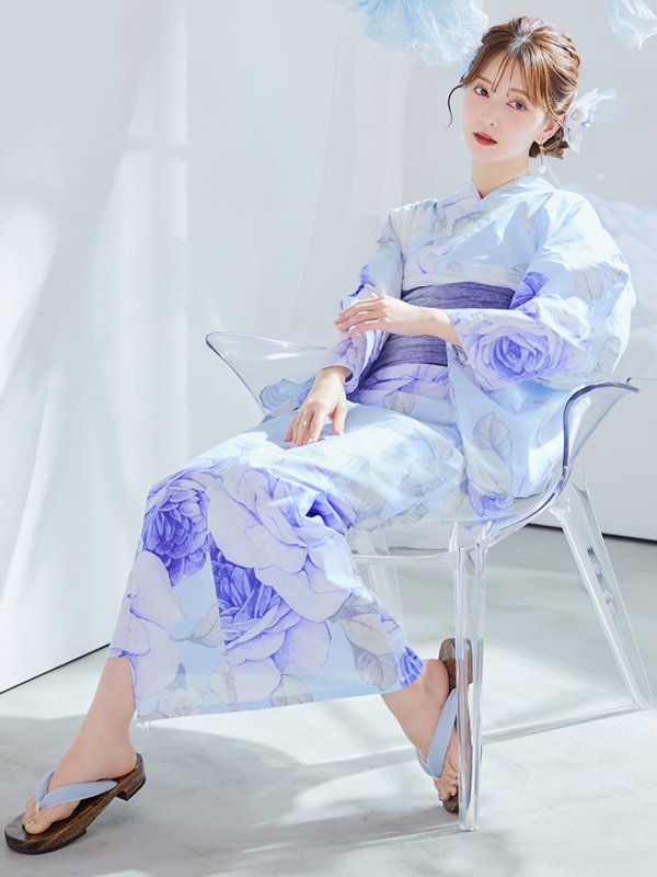 画像2: 【即日発送】アンティークブルーローズ浴衣  【浴衣３点セット 浴衣/帯/下駄】[YMT] (2)