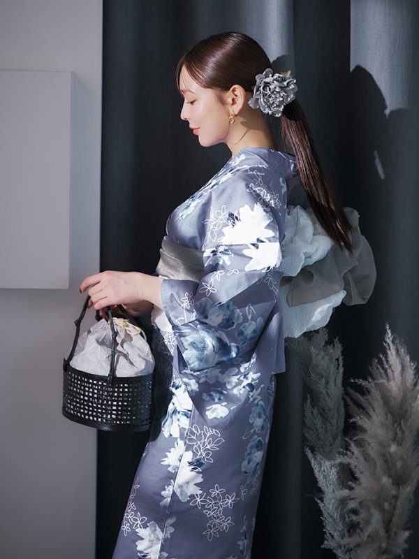 画像14: 【即日発送】グレイ×モードフラワー浴衣  【浴衣３点セット 浴衣/帯/下駄】[YMT] (14)
