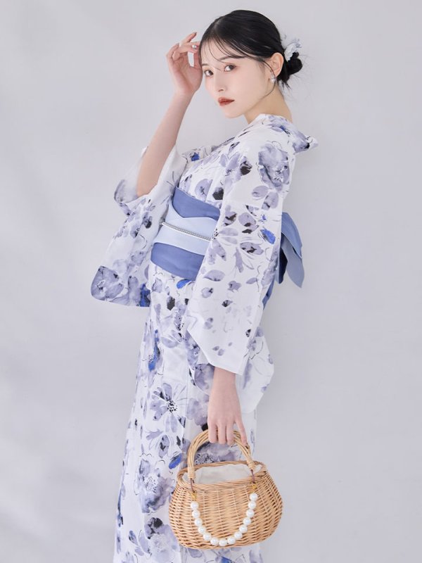 画像2: 【即日発送】水墨ニュアンスフラワー浴衣  【浴衣３点セット 浴衣/帯/下駄】[OF04/HC03] (2)