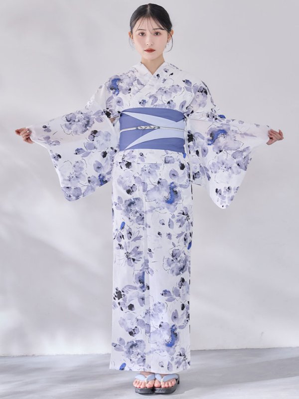 画像4: 【即日発送】水墨ニュアンスフラワー浴衣  【浴衣３点セット 浴衣/帯/下駄】[OF04/HC03] (4)
