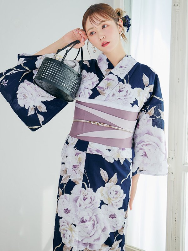 画像12: 【即日発送】濃紺牡丹柄浴衣  【浴衣３点セット 浴衣/帯/下駄】[YMT] (12)