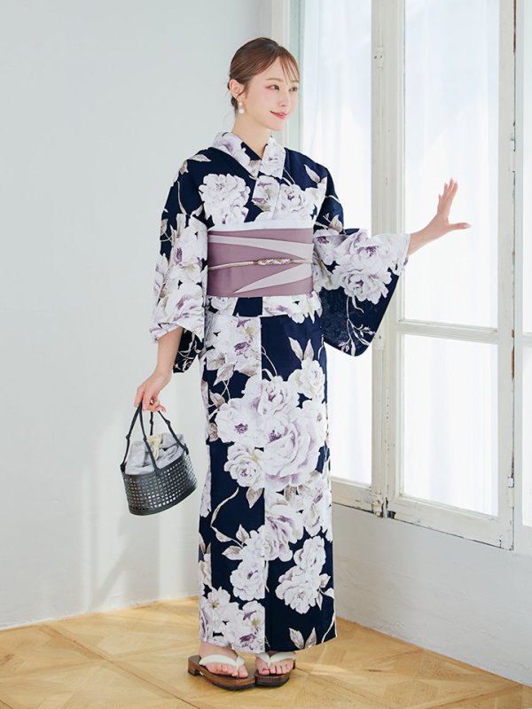 画像15: 【即日発送】濃紺牡丹柄浴衣  【浴衣３点セット 浴衣/帯/下駄】[YMT] (15)