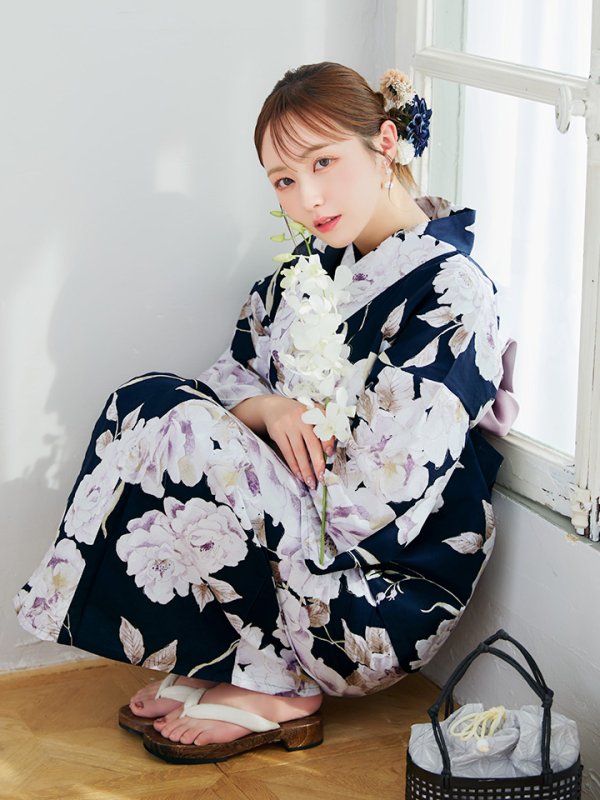 画像2: 【即日発送】濃紺牡丹柄浴衣  【浴衣３点セット 浴衣/帯/下駄】[YMT] (2)