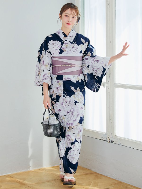 画像4: 【即日発送】濃紺牡丹柄浴衣  【浴衣３点セット 浴衣/帯/下駄】[YMT] (4)