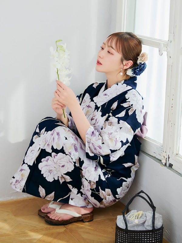 画像8: 【即日発送】濃紺牡丹柄浴衣  【浴衣３点セット 浴衣/帯/下駄】[YMT] (8)