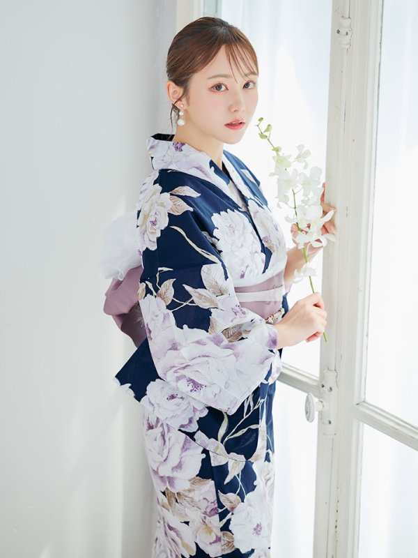 画像9: 【即日発送】濃紺牡丹柄浴衣  【浴衣３点セット 浴衣/帯/下駄】[YMT] (9)