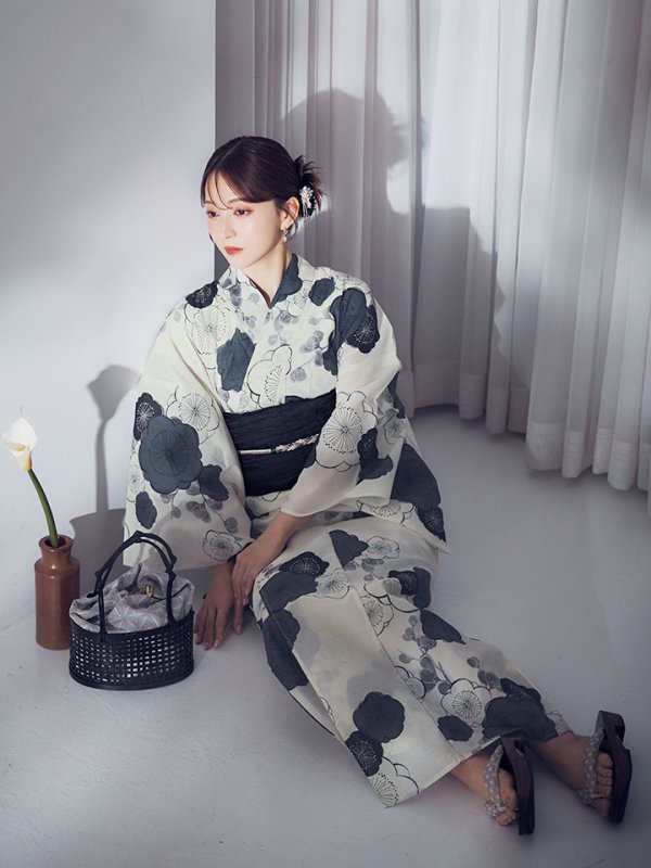 画像2: 【即日発送】梅柄藍鼠色浴衣 【浴衣3点セット 浴衣/帯/下駄】  [OF04] (2)