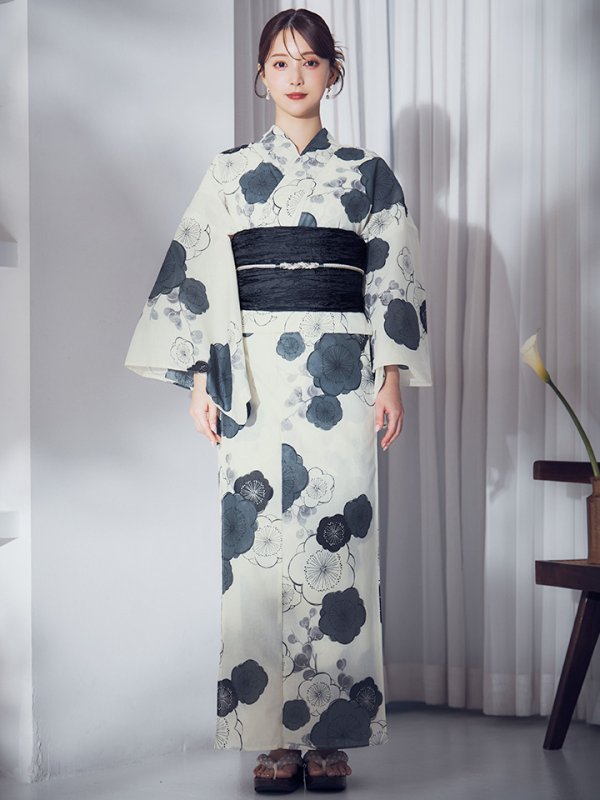 画像4: 【即日発送】梅柄藍鼠色浴衣 【浴衣3点セット 浴衣/帯/下駄】  [OF04] (4)