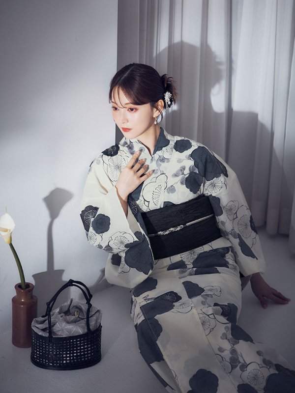 画像5: 【即日発送】梅柄藍鼠色浴衣 【浴衣3点セット 浴衣/帯/下駄】  [OF04] (5)