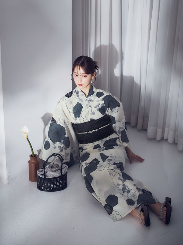 画像9: 【即日発送】梅柄藍鼠色浴衣 【浴衣3点セット 浴衣/帯/下駄】  [OF04] (9)