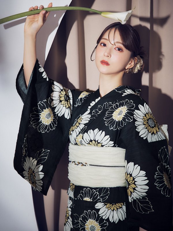 画像10: 【即日発送】向日葵柄黒色浴衣  【浴衣３点セット 浴衣/帯/下駄】[OF04] (10)