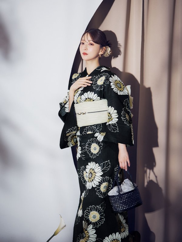 画像12: 【即日発送】向日葵柄黒色浴衣  【浴衣３点セット 浴衣/帯/下駄】[OF04] (12)