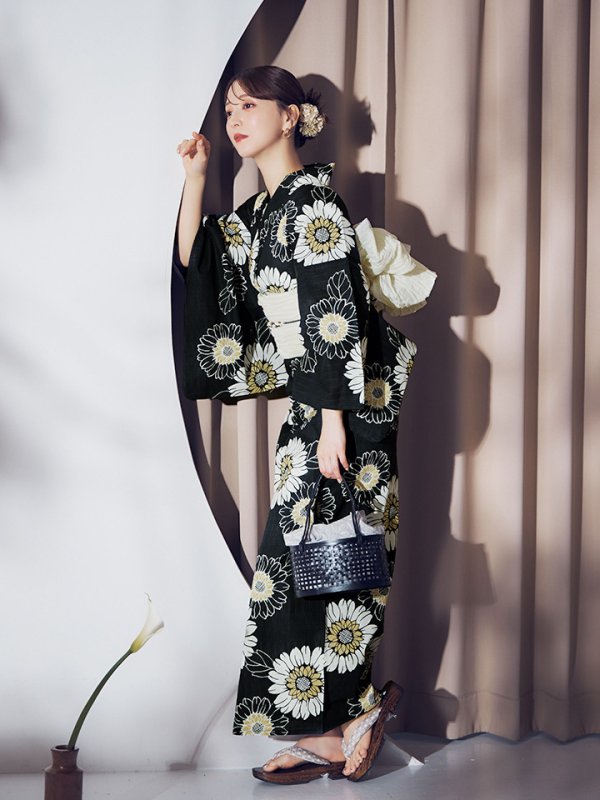 画像13: 【即日発送】向日葵柄黒色浴衣  【浴衣３点セット 浴衣/帯/下駄】[OF04] (13)