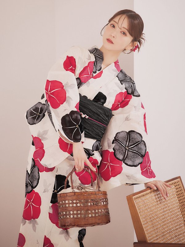 画像10: 【即日発送】紅色と黒の朝顔柄浴衣 【浴衣3点セット 浴衣/帯/下駄】 [YMT] (10)