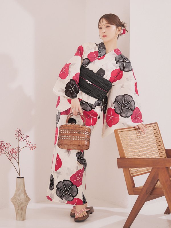 画像11: 【即日発送】紅色と黒の朝顔柄浴衣 【浴衣3点セット 浴衣/帯/下駄】 [YMT] (11)