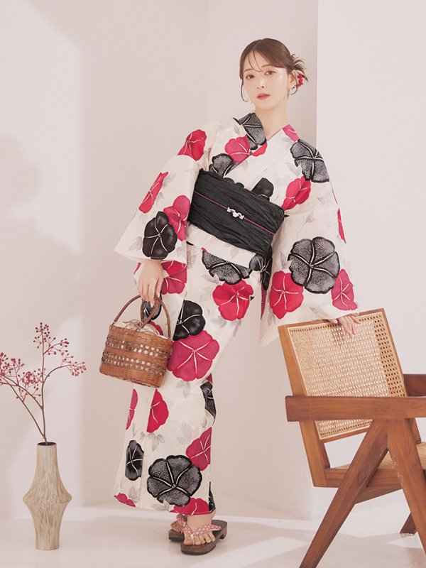 画像12: 【即日発送】紅色と黒の朝顔柄浴衣 【浴衣3点セット 浴衣/帯/下駄】 [YMT] (12)
