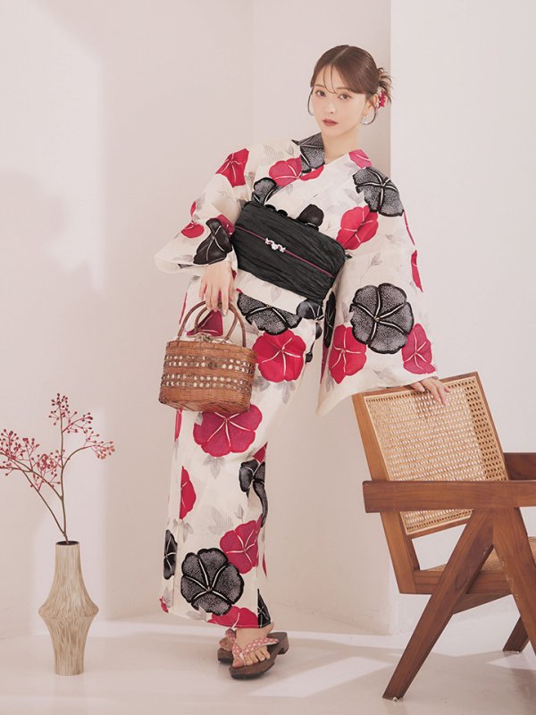 画像13: 【即日発送】紅色と黒の朝顔柄浴衣 【浴衣3点セット 浴衣/帯/下駄】 [YMT] (13)