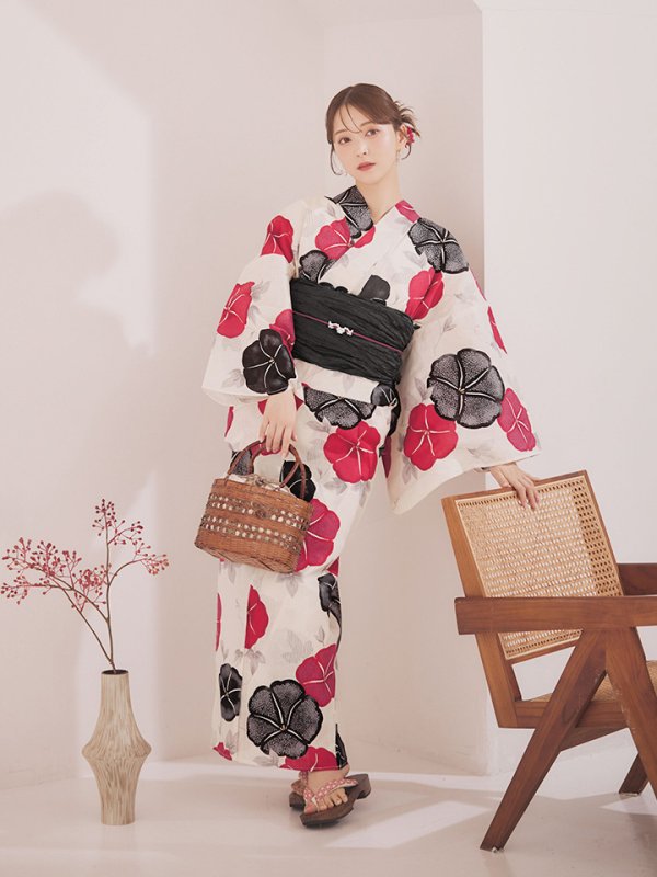 画像14: 【即日発送】紅色と黒の朝顔柄浴衣 【浴衣3点セット 浴衣/帯/下駄】 [YMT] (14)