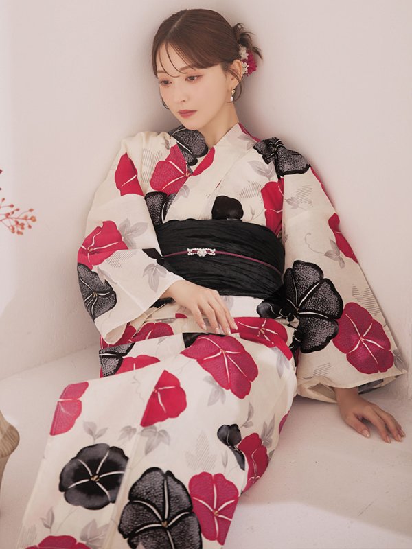 画像2: 【即日発送】紅色と黒の朝顔柄浴衣 【浴衣3点セット 浴衣/帯/下駄】 [YMT] (2)