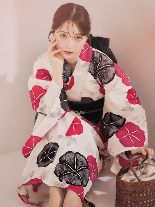 画像3: 【即日発送】紅色と黒の朝顔柄浴衣 【浴衣3点セット 浴衣/帯/下駄】 [YMT] (3)