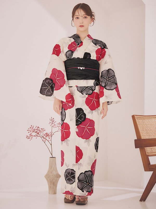 画像4: 【即日発送】紅色と黒の朝顔柄浴衣 【浴衣3点セット 浴衣/帯/下駄】 [YMT] (4)