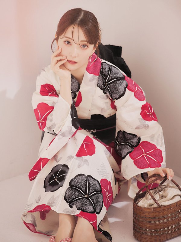 画像5: 【即日発送】紅色と黒の朝顔柄浴衣 【浴衣3点セット 浴衣/帯/下駄】 [YMT] (5)