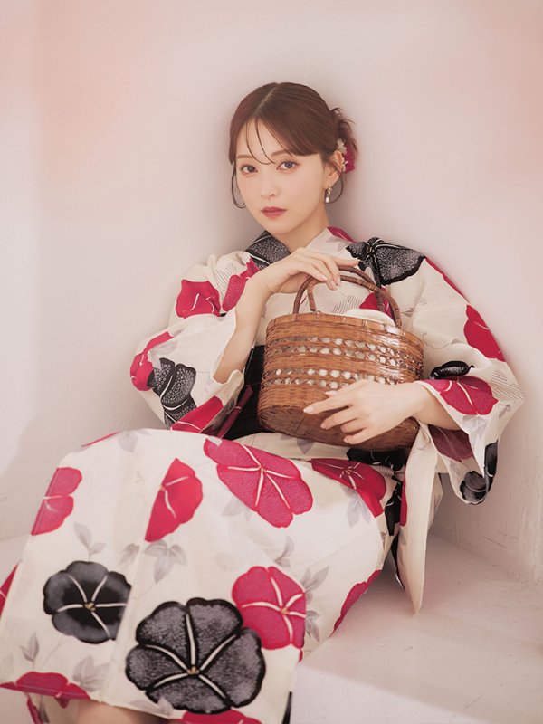 画像6: 【即日発送】紅色と黒の朝顔柄浴衣 【浴衣3点セット 浴衣/帯/下駄】 [YMT] (6)