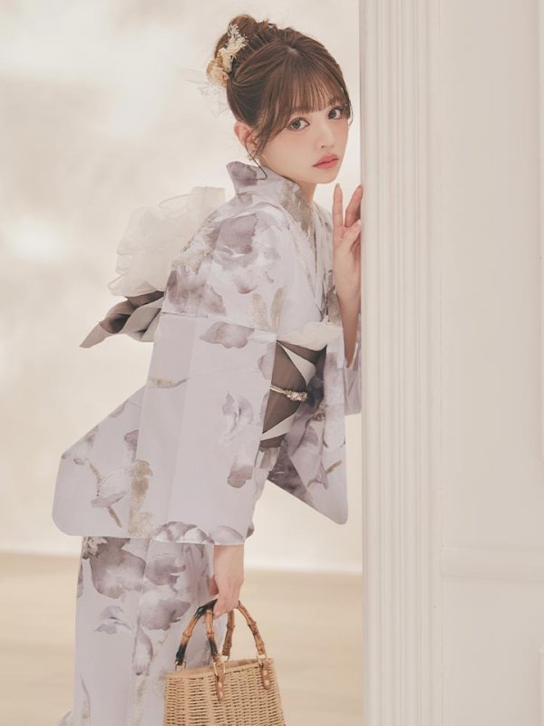 画像1: 【即日発送】ブラウンアンティークフラワー浴衣【浴衣３点セット 浴衣/帯/下駄】[OF04] (1)