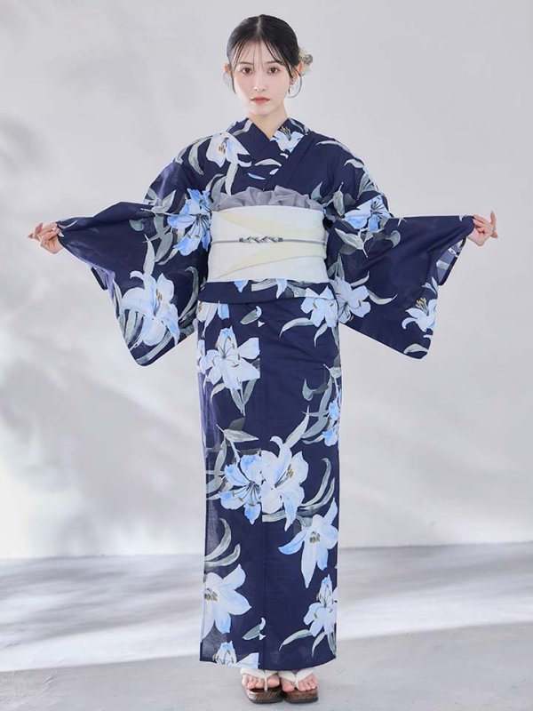 画像9: 送料無料！ネイビーリリーフラワー浴衣【浴衣３点セット 浴衣/帯/下駄】[OF04]【予約 / 5月下旬発送予定】 (9)