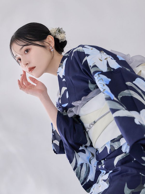 画像11: 送料無料！ネイビーリリーフラワー浴衣【浴衣３点セット 浴衣/帯/下駄】[OF04]【予約 / 5月下旬発送予定】 (11)