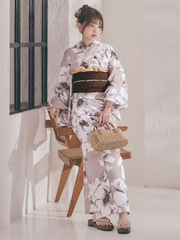 画像11: 【即日発送】モカブラウンアンティークブーケ浴衣【浴衣３点セット 浴衣/帯/下駄】[OF04] (11)