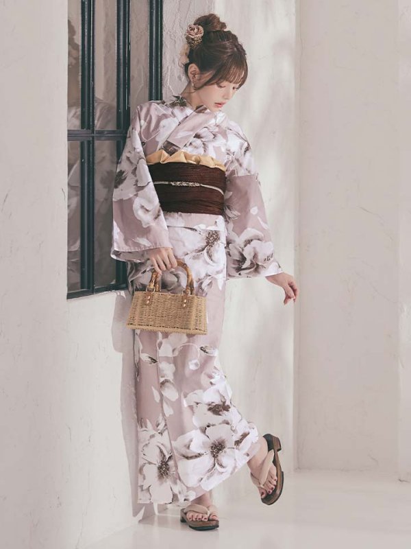 画像3: 【即日発送】モカブラウンアンティークブーケ浴衣【浴衣３点セット 浴衣/帯/下駄】[OF04] (3)